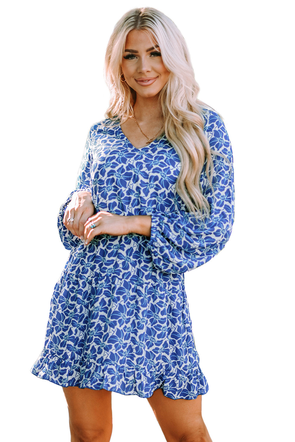 Sky Blue/Blue/Apricot V Neck Lantern Sleeves Floral Tunic Dress