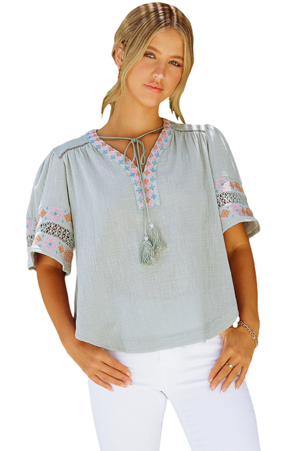 Tassel Drawstring Embroidered Half Sleeve V Neck Top