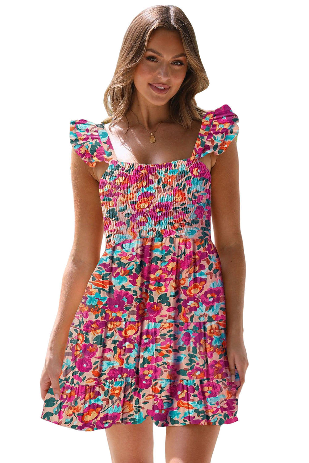 Ruffled Shirred Sleeveless High Rise Floral Mini Dress