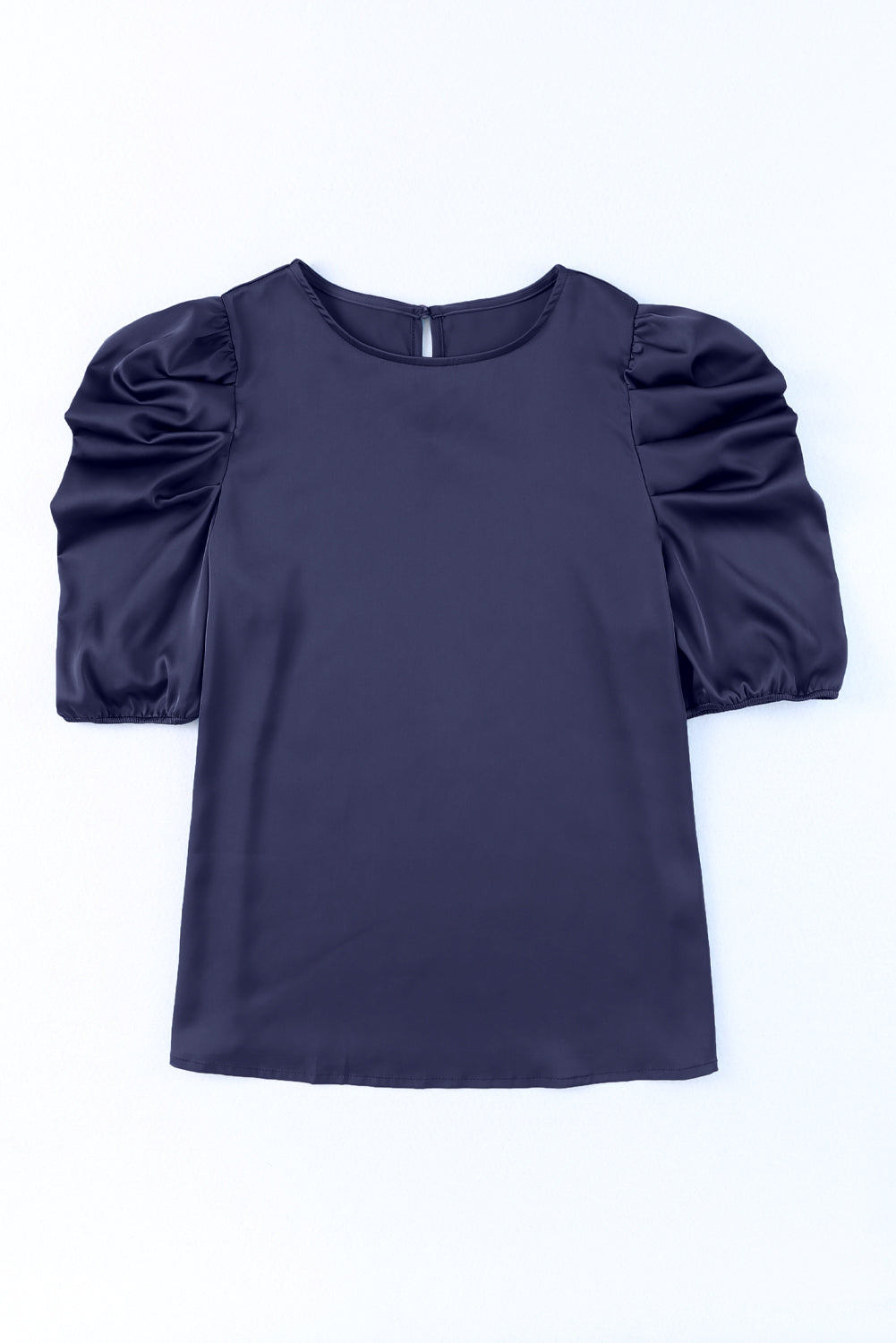 Dark Blue Ruched Puff Short Sleeve Satin Blouse