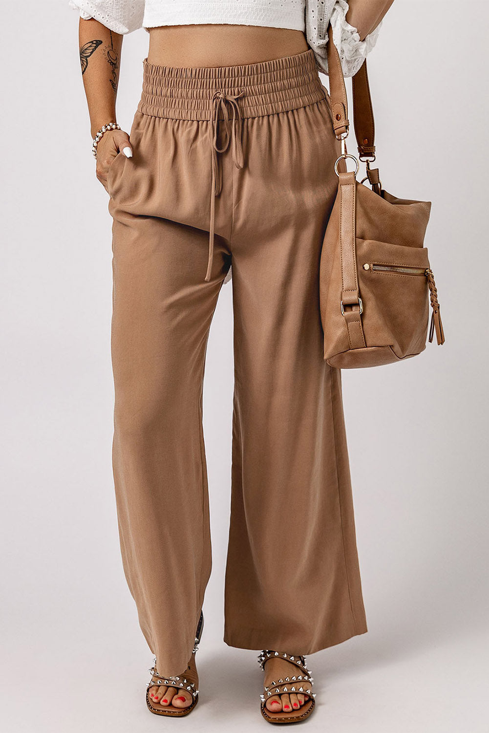 Blue Drawstring Elastic Waist Casual Wide Leg Pants