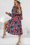 Robe florale rouge fendue taille haute élastique à col en V