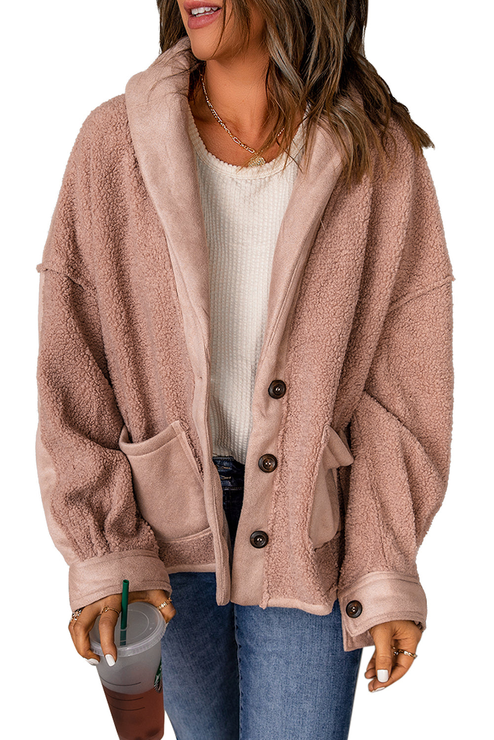 Veste ample boutonnée en daim rose Sherpa Patchwork