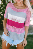 Knitted Eyelet Colorblock Striped Half Sleeves Top