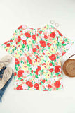 Floral Print Ruffled Short Sleeve V Neck Blouse