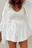 Waffle Knit Lace-up High Waist Wide Leg Casual Shorts