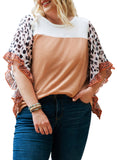 Waffle Knit Animal Print Ruffle Sleeves Plus Size Top