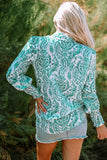 Green Paisley Print Smocked Cuff Buttoned Loose Shirt