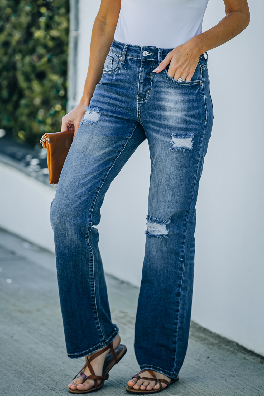 High Rise Washed Distressed Flare Jeans