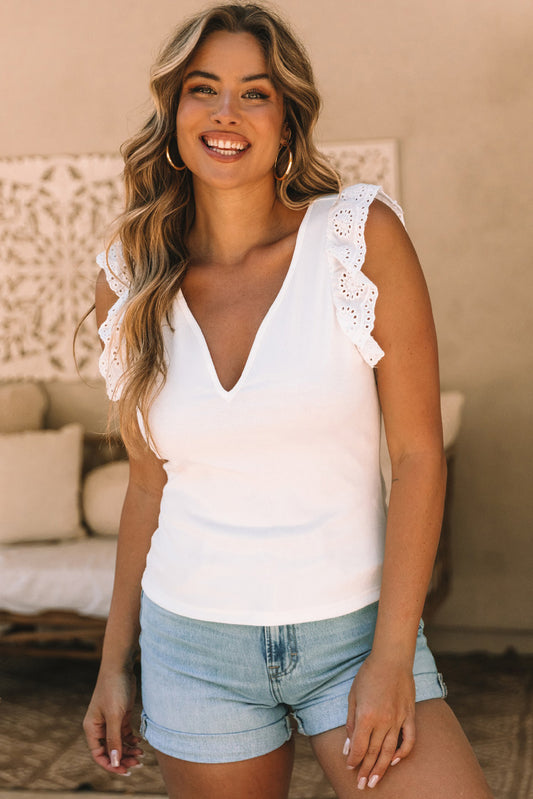 White V Neck Flutter Shoulder Ribbed Knit Top