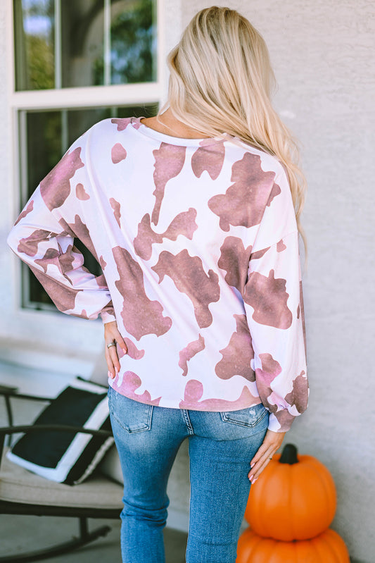 Cow Spots Print Drop Shoulder Puff Sleeve Sweatshirt