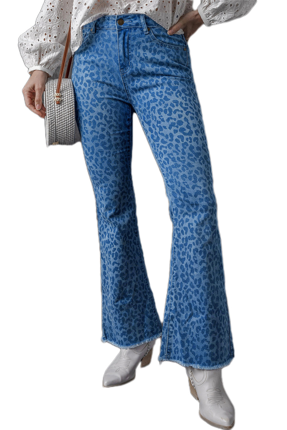 Sky Blue Leopard Print Raw Hem High Waist Flare Jeans