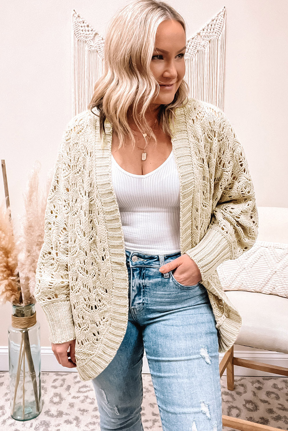 Plus Size Textured Knit Open Ribbed Trim Cardigan