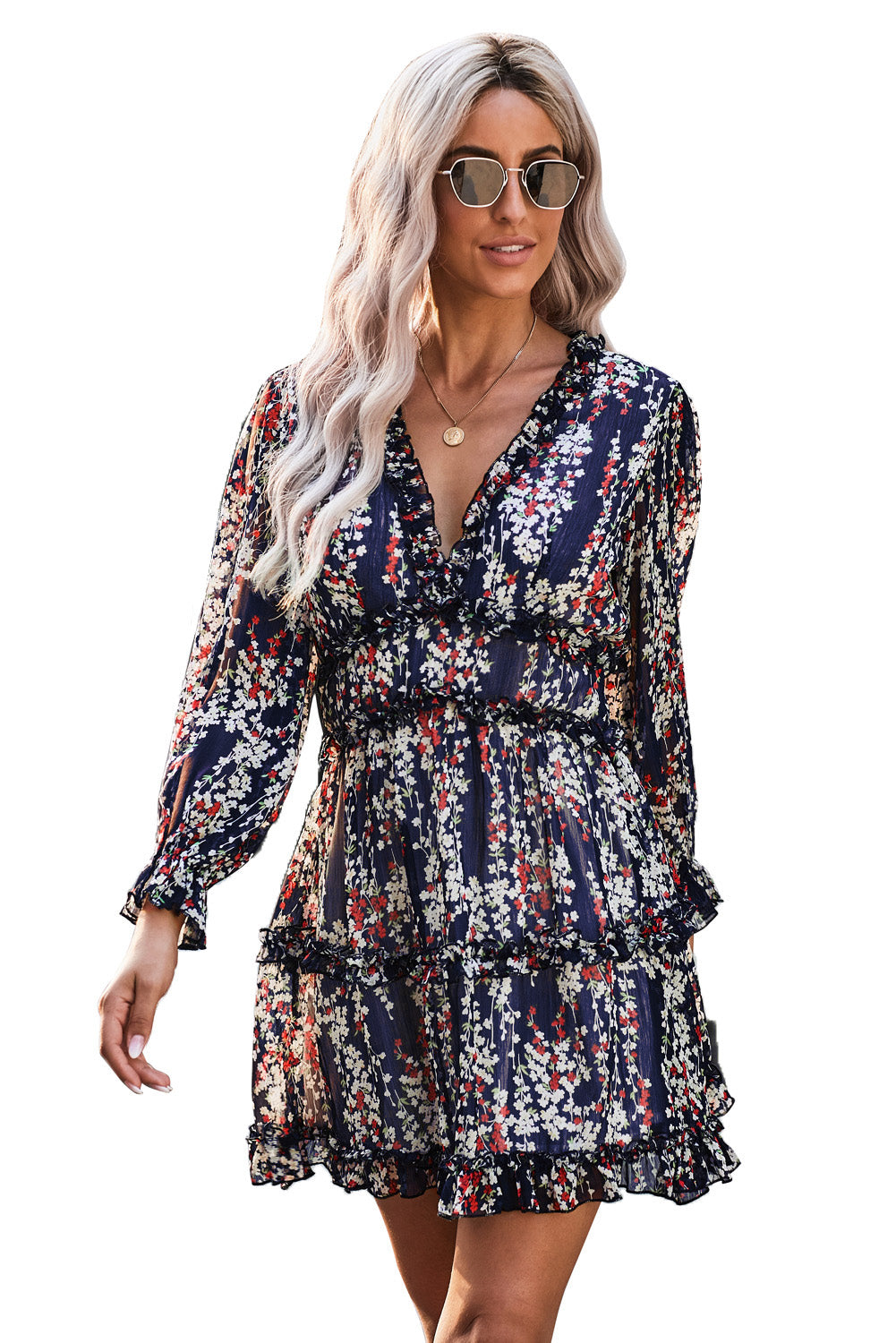 Robe florale bleue à volants et dos ouvert