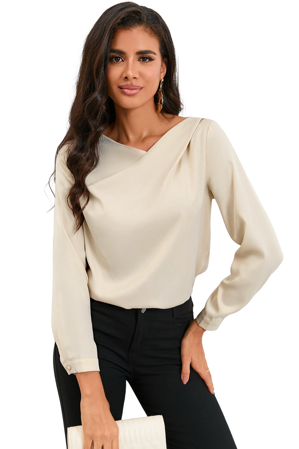 Solid Asymmetric V Neck Long Sleeve Satin Blouse