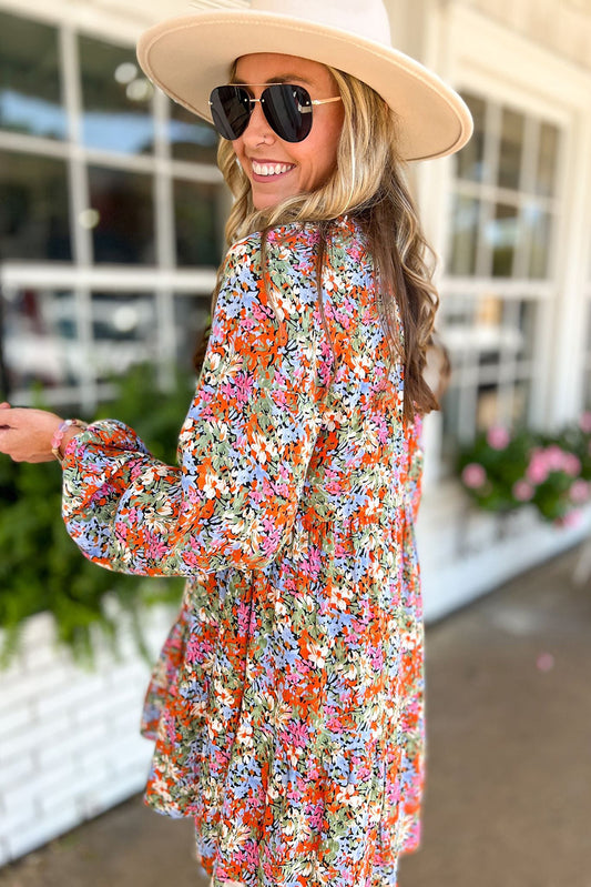 Floral Neck Tie Long Sleeve Flared Dress