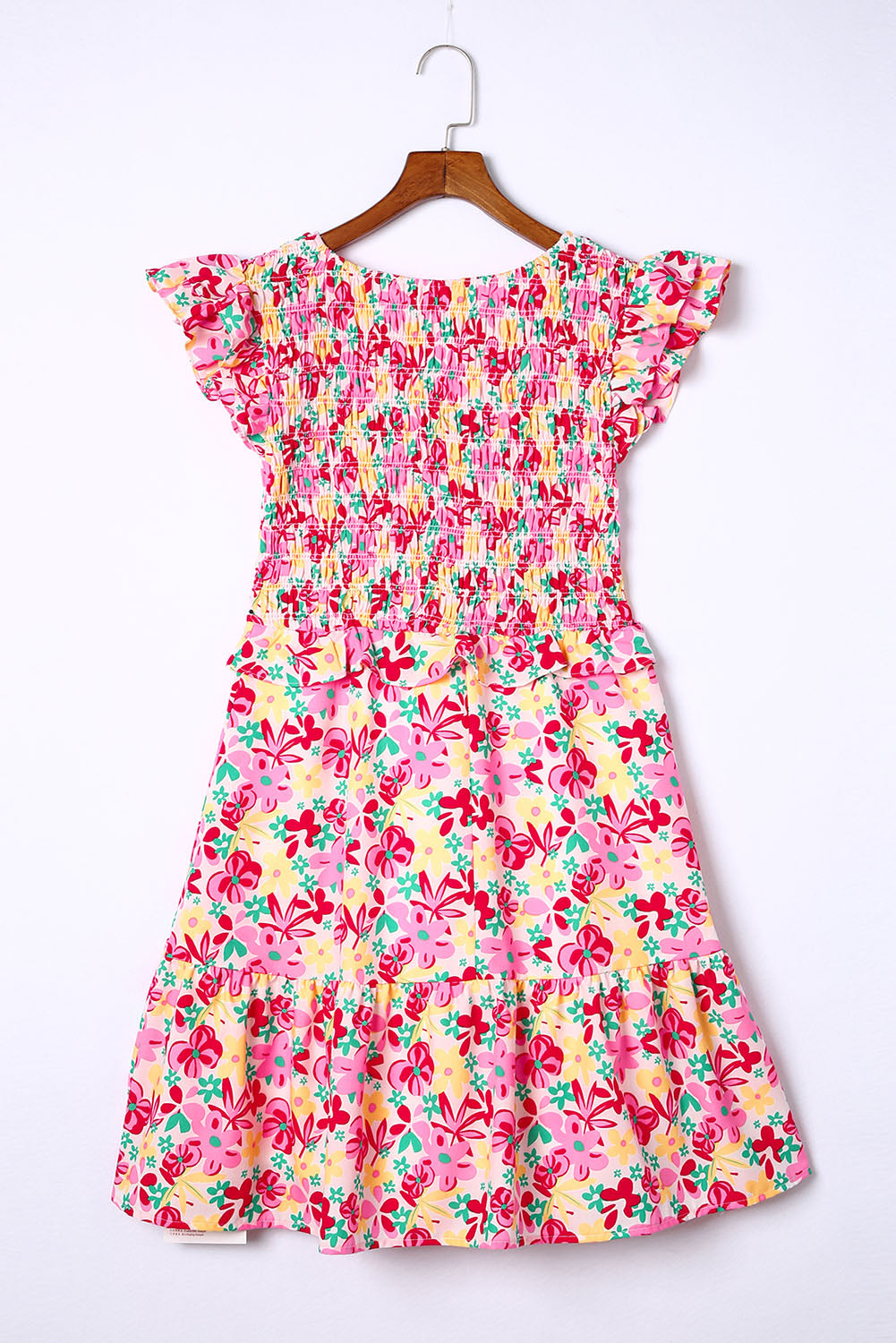 Smocked Bodice Ruffle Trim Floral Dress