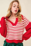 Red Stripe Lantern Sleeve V Neck Collared Drop Shoulder Sweater