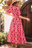 Red Paisley Print Side Slit Puff Sleeve High Waist Maxi Dress