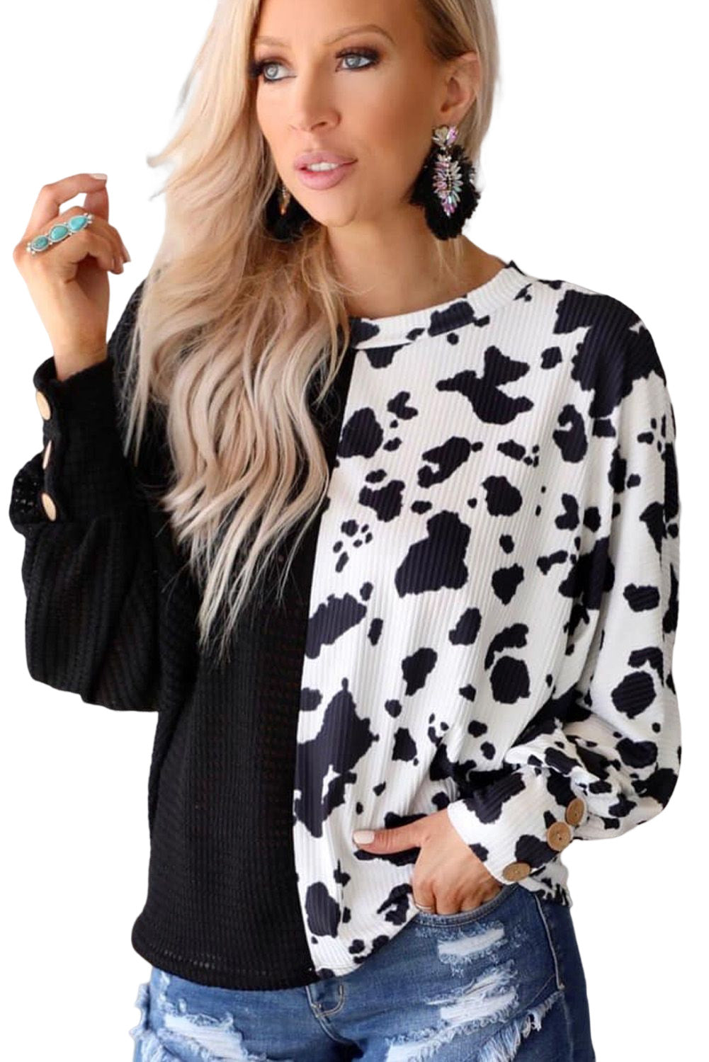 Cow Patchwork Waffle Knit Long Sleeve Top