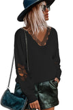 Hollowed Lace Splicing V Neck Loose Sweater