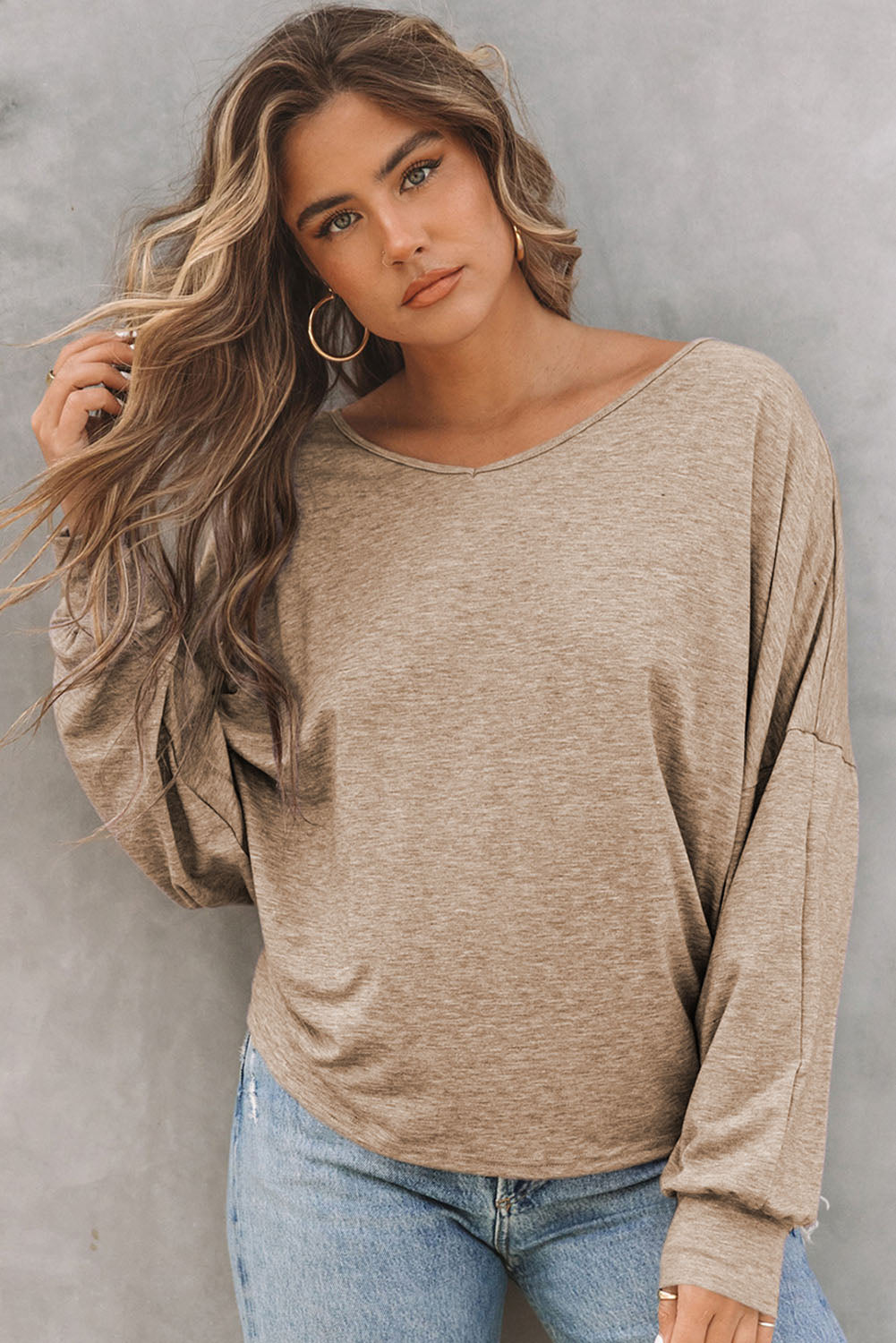 Khaki Tie Plunging Back Dolman Sleeve Oversize Top