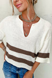 Brown Striped Accent Notched V Neck Cropped Sweater T Shirt