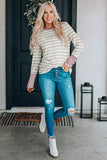 Waffle Knit Colorblock Buttoned Cuff Long Sleeve Blouse