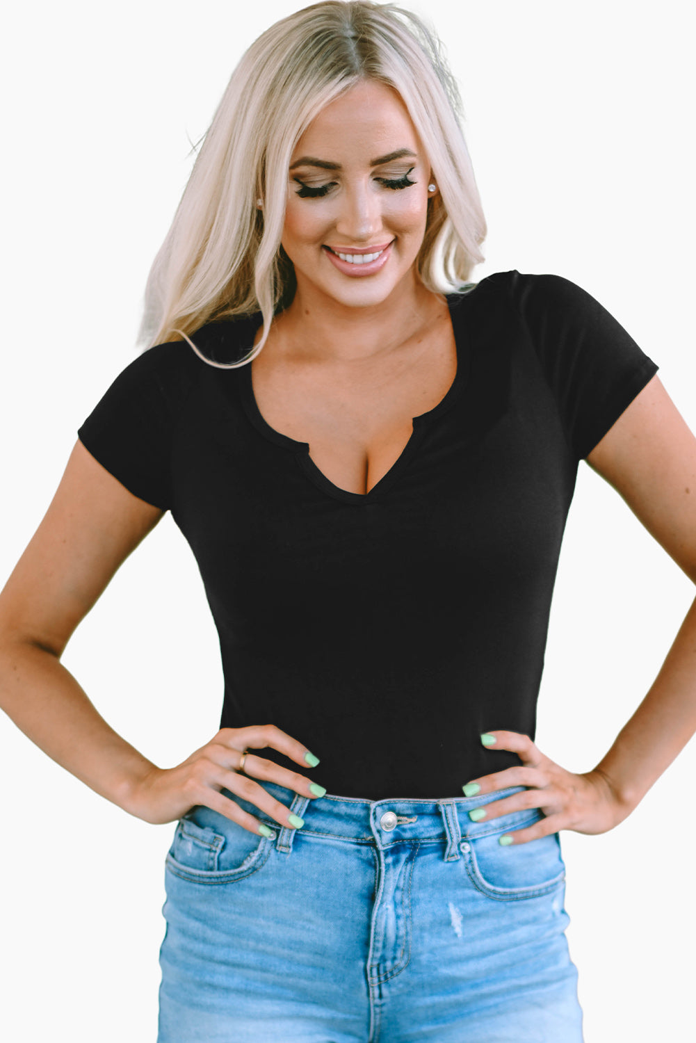 Solid Color Split Neck Short Sleeve Bodysuit