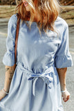 Ruffle Trim Half Sleeve Belted Denim Dress