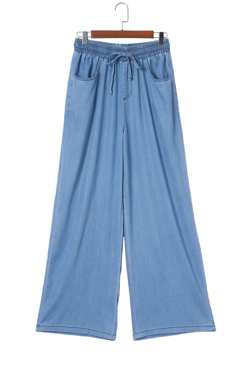 Blue Drawstring Waist Wide Leg Tencel Denim Pants