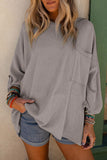 Dark Gray Ribbed Roll-tab Sleeve Chest Pocket Oversize Top