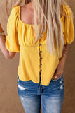 Ruched Buttoned Puff Sleeve Blouse