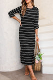 Khaki Stripe Print Open Back Sleeveless Maxi Dress with Slits