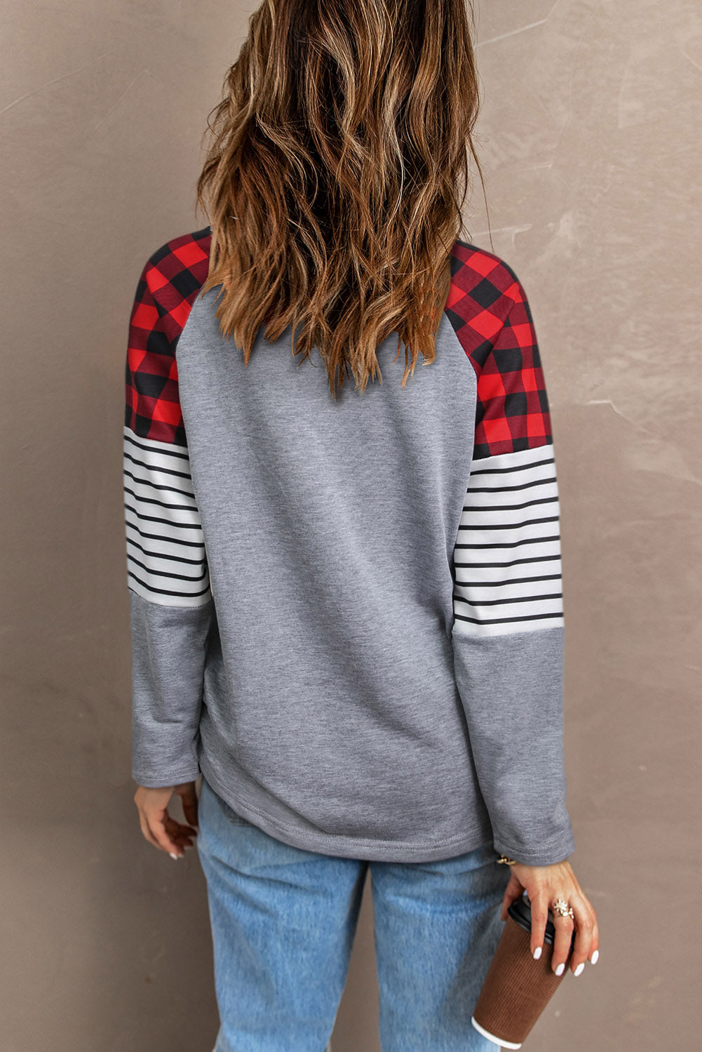 Green Buffalo Plaid & Stripe Splicing Long Sleeve Top