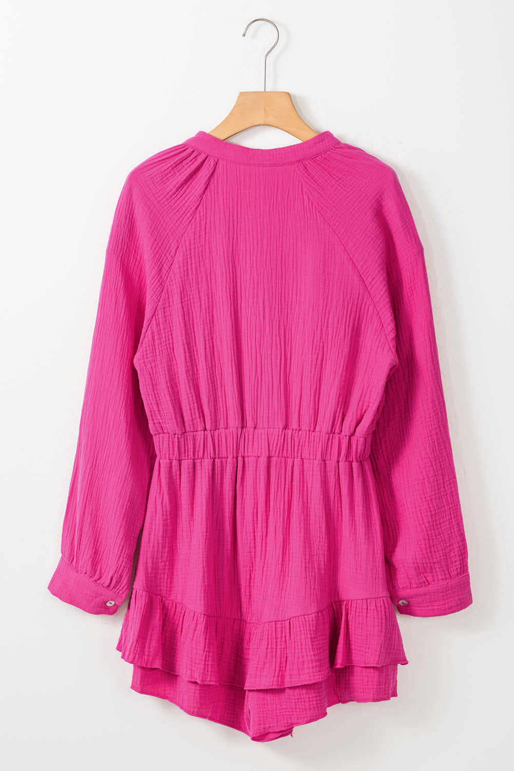 Rose Textured Tiered Ruffled Buttoned Long Sleeve Romper