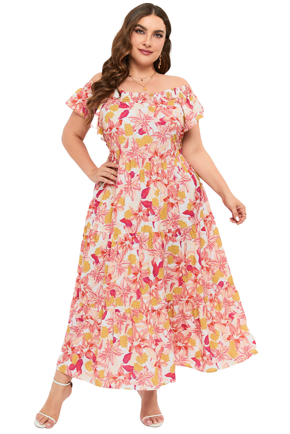 Robe orange imprimé floral froncée à volants sans manches grande taille 