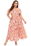 Floral Print Shirred Ruffled Sleeveless Plus Size Dress