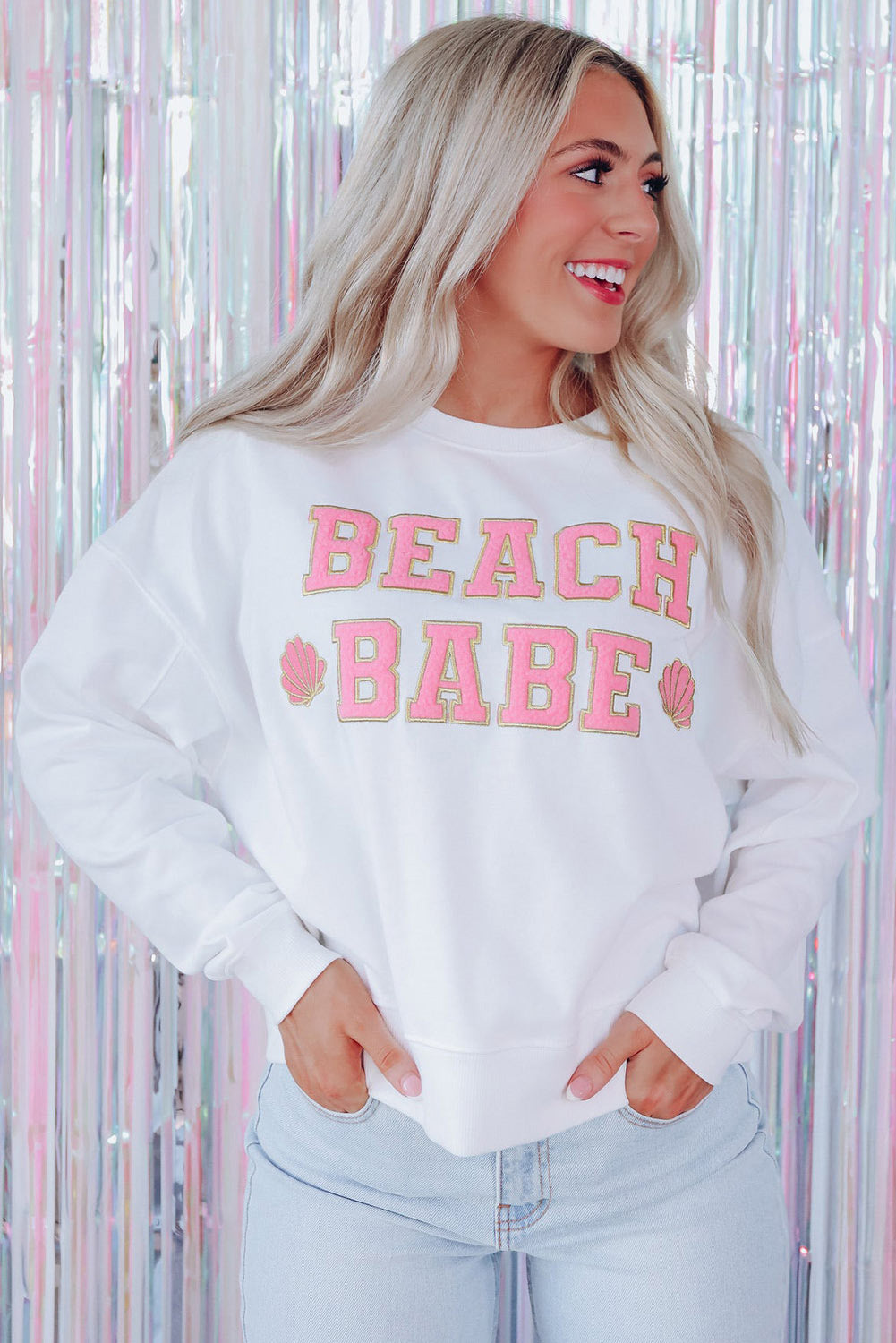 Sweat-shirt décontracté blanc à slogan BEACH BABE et graphique