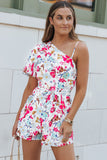 Floral Single Bubble Sleeve Slant Shoulder Romper