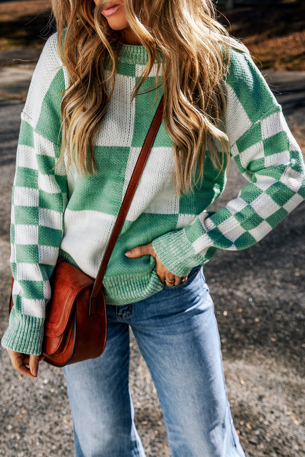 Flaxen Checkered Print Drop Shoulder Sweater