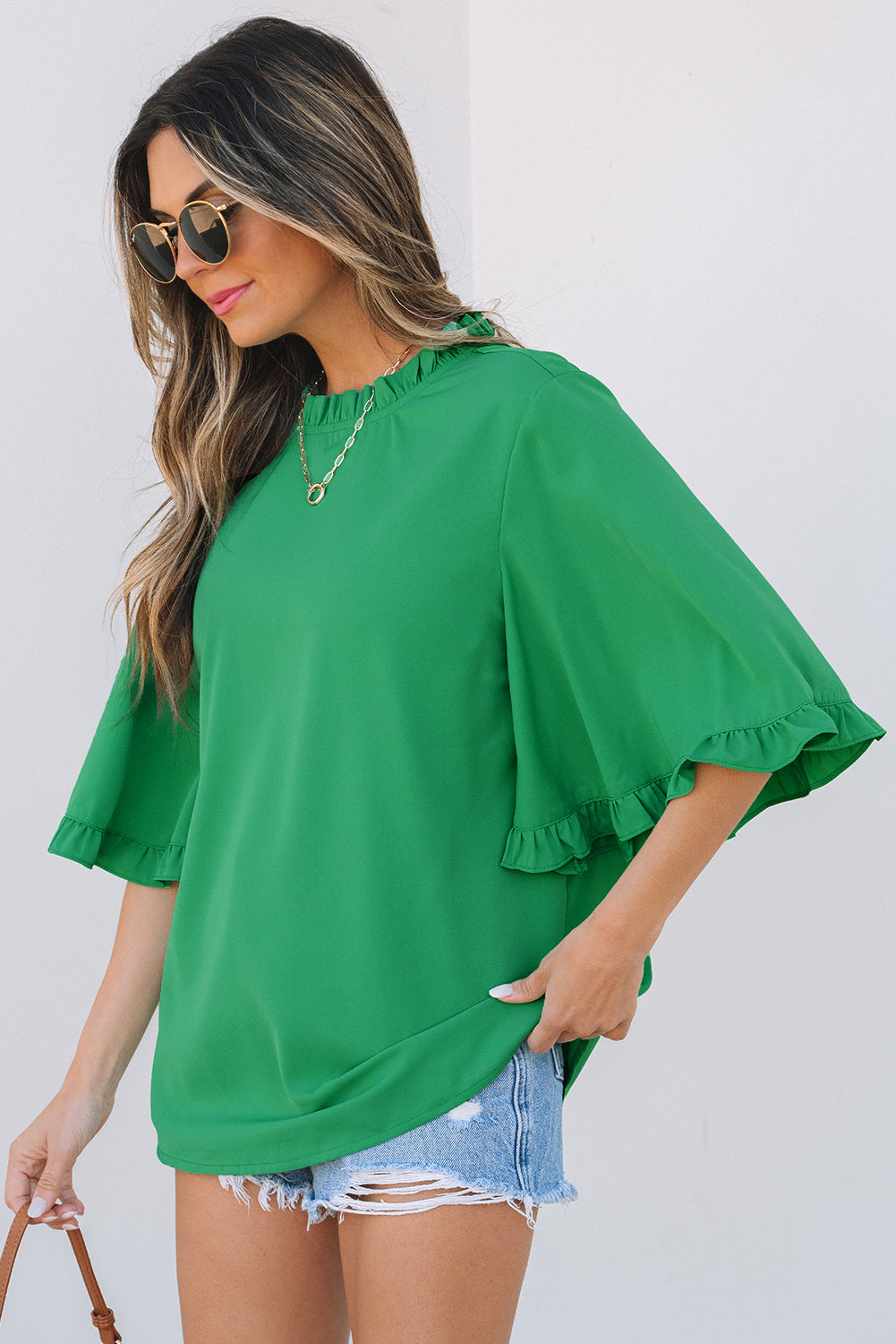 Green Frilly Round Neck Wide Half Sleeve Blouse