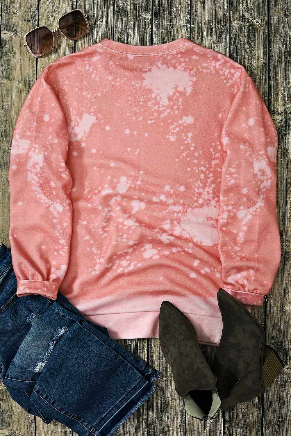 Pink Bleached Round Neck Pullover Sweatshirt