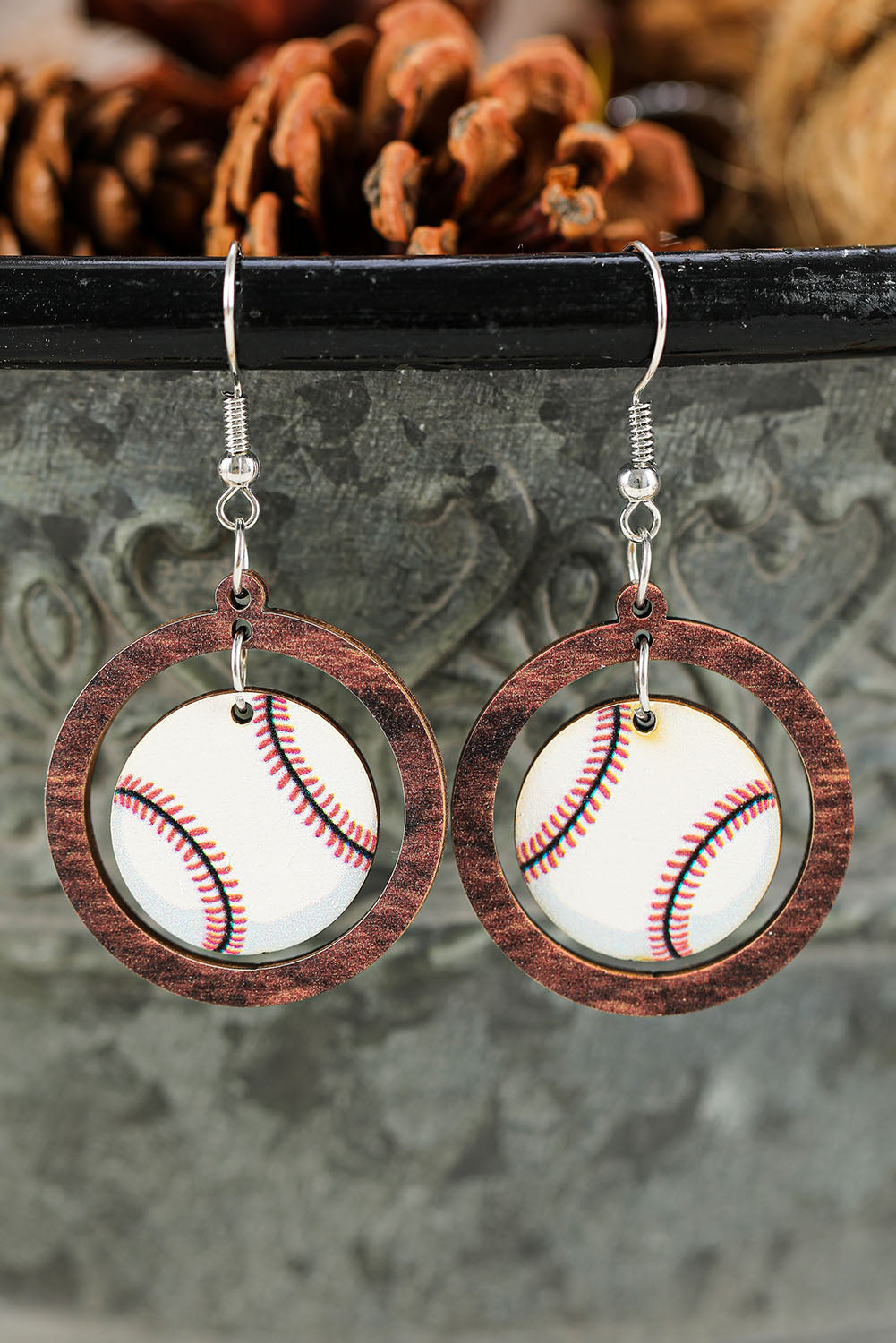 Baseball Pattern Wood Round Drop Earrings