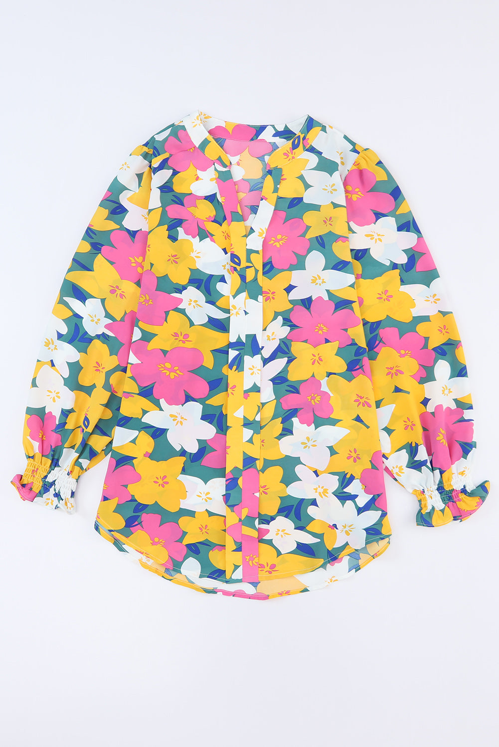 Magenta Gold Floral V Neck Lantern Sleeve Blouse