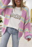 Contrast Striped Open Front Cable Cardigan