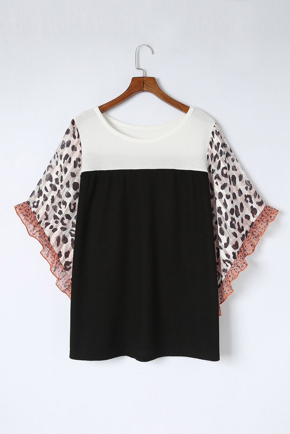 Waffle Knit Animal Print Ruffle Sleeves Plus Size Top