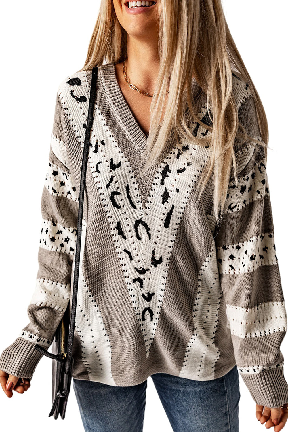 Animal Print Accent V Neck Sweater