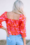 Floral Puff Half Sleeve Square Neck Smock Peplum Blouse