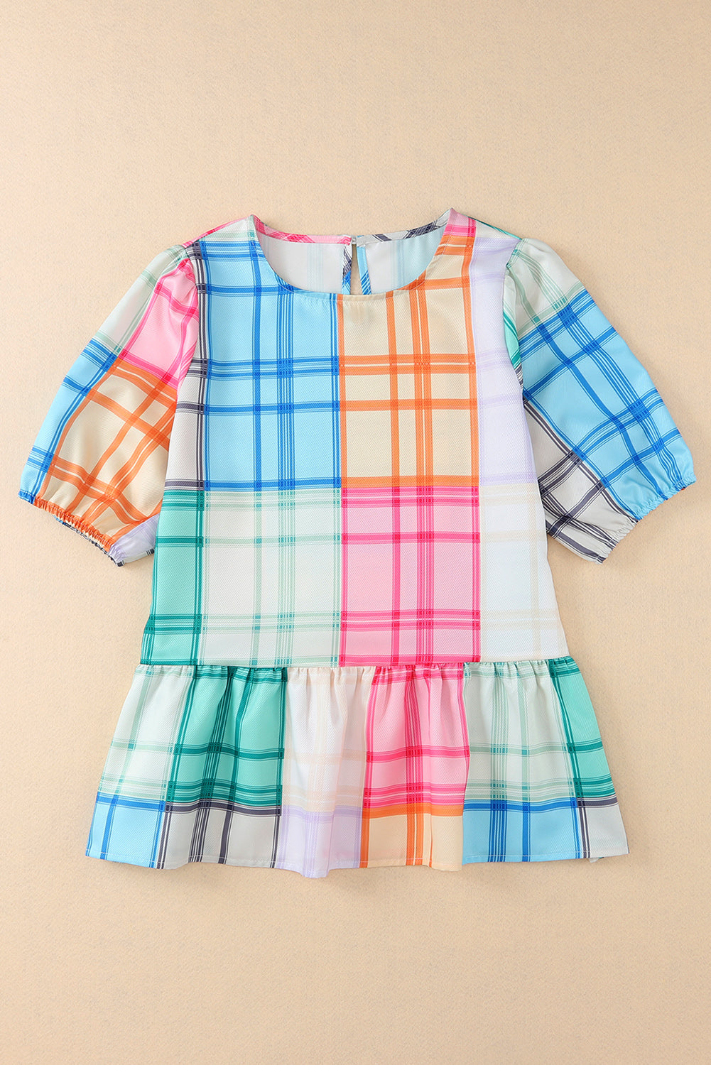 Bold Plaid Color Block Puff Sleeve Peplum Top